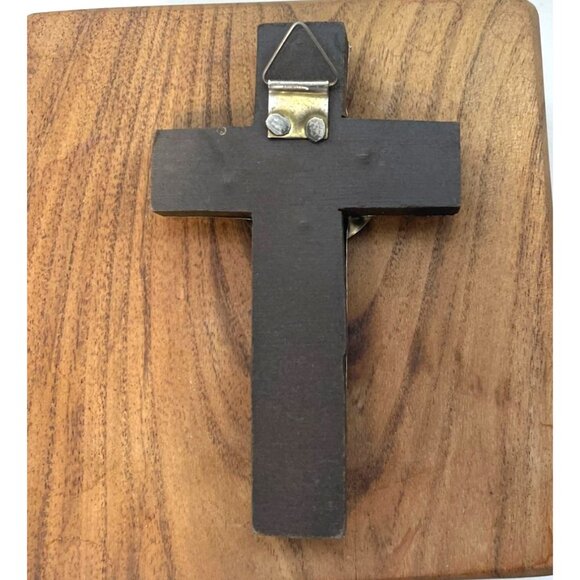 Hammered Silver on Wood Cross Mexican Relief Metal 4"L x 2.5"W x .5"D - Picture 3 of 4